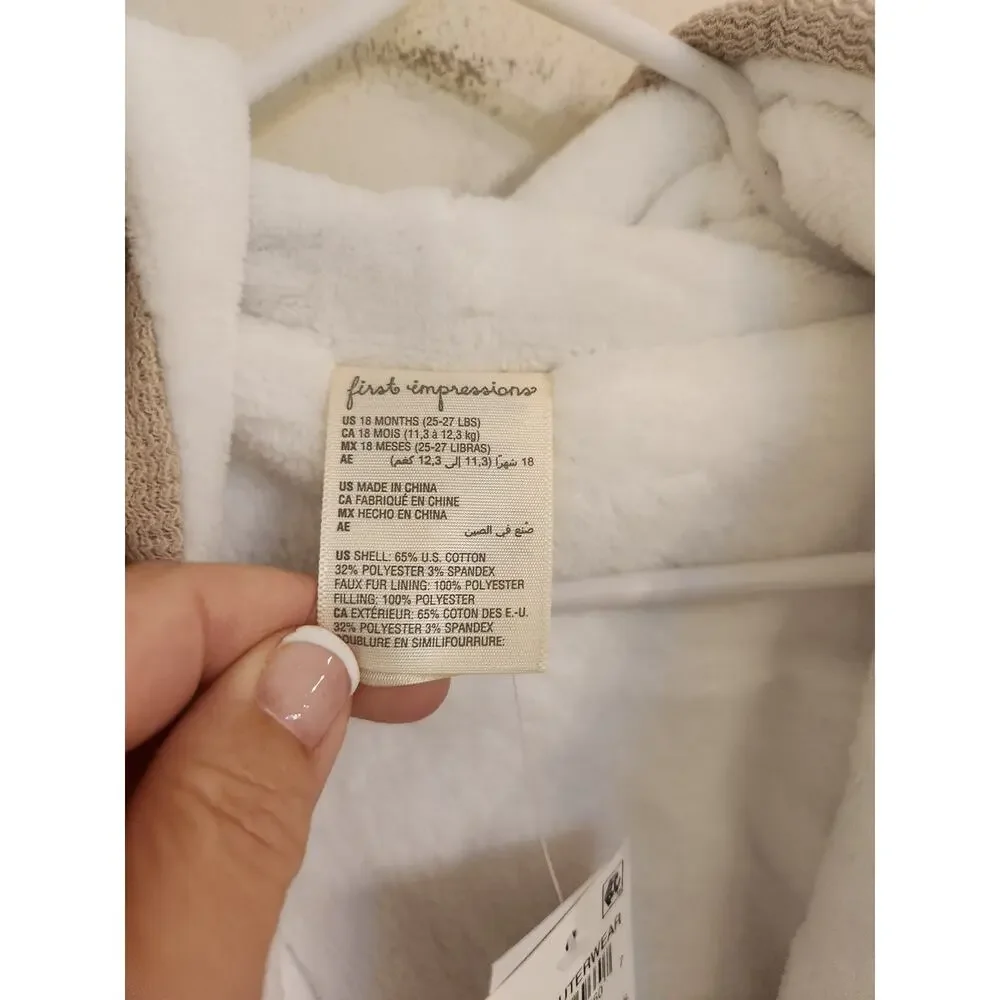 NWT First Impressions Unisex Faux Sherpa Lined Hooded Jacket 18 Months